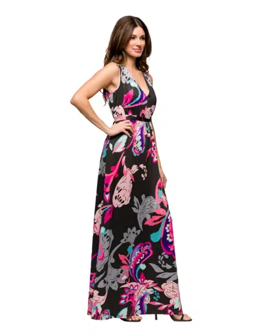 24seven Comfort Apparel Women's V Neck Empire Waist Sleeveless Maxi Dress In Multi