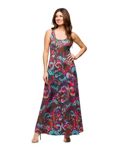 24seven Comfort Apparel Women's Pink And Brown Print Scoop Neck A Line Sleeveless Maxi Dress In Brown Mult