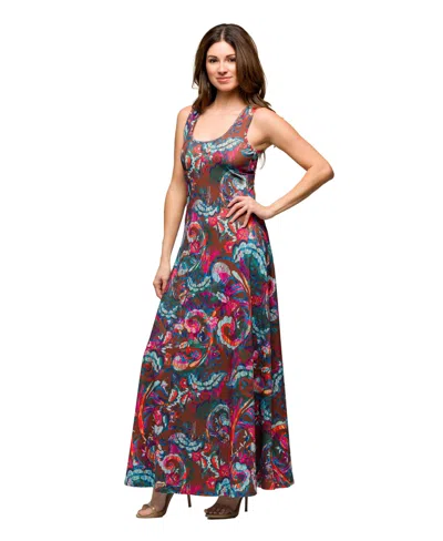 24seven Comfort Apparel Women's Pink And Brown Print Scoop Neck A Line Sleeveless Maxi Dress In Brown Mult