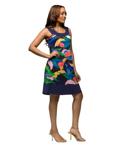 24seven Comfort Apparel Women's Floral Scoop Neck Sleeveless Knee Length Dress In Navy Multi