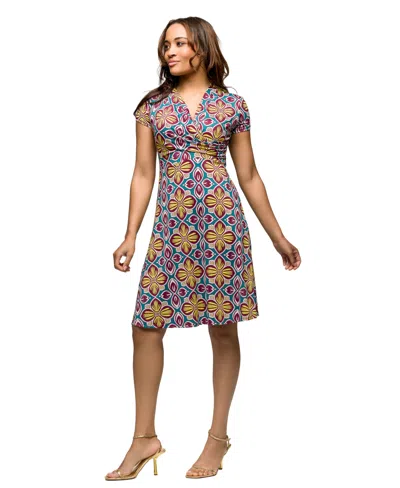 24seven Comfort Apparel Women's Short Sleeve Knee Length V Neck Wrap Dress In Yellow Mul