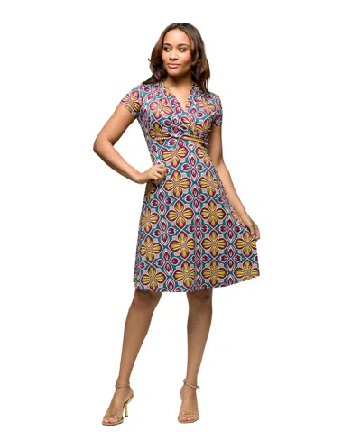 24seven Comfort Apparel Women's Short Sleeve Knee Length V Neck Wrap Dress In Yellow Mul