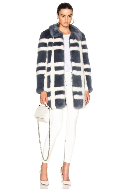 Shop Shrimps Edith Faux Fur Coat In Blue, Checkered & Plaid.  In Flint & Cream