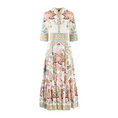 Etro Gathered Floral-print Cotton-blend Poplin Midi Dress In White