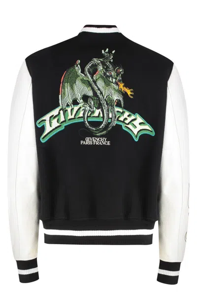 Givenchy Navy Blue And White Bomber Jacket In Wool And Leather In Black