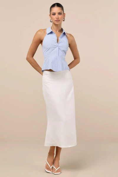 Lulus Giosetta Blue Pinstriped Button-front Halter Top In Blue