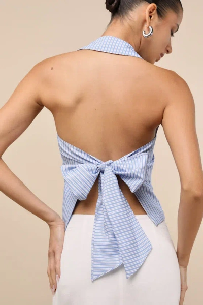 Lulus Giosetta Blue Pinstriped Button-front Halter Top In Blue