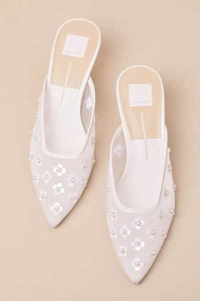 Dolce Vita Clara Pearl True White Daisy Mesh Kitten Heel Mule Pumps