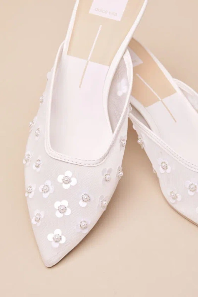 Dolce Vita Clara Pearl True White Daisy Mesh Kitten Heel Mule Pumps