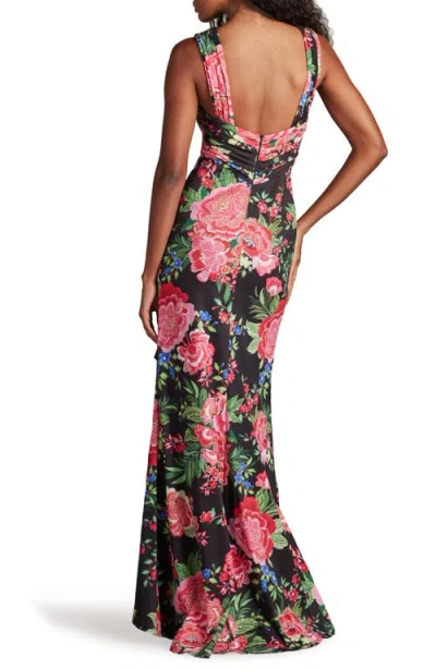 Tadashi Shoji Cii24377l Floral Printed Long Prom Ruffle Dress In Black/fuchsia Floral