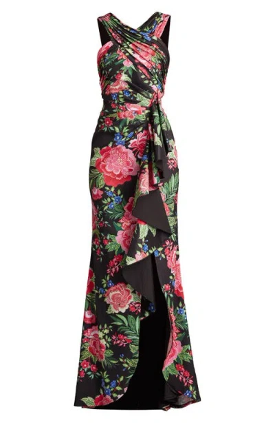 Tadashi Shoji Cii24377l Floral Printed Long Prom Ruffle Dress In Black/fuchsia Floral
