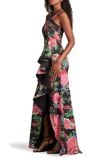 Tadashi Shoji Cii24377l Floral Printed Long Prom Ruffle Dress In Black/fuchsia Floral