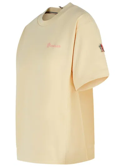 Moncler Grenoble White T-shirt With Logo Printed On The Front And Logo Patch On The Sleeve In Cotton In Beige