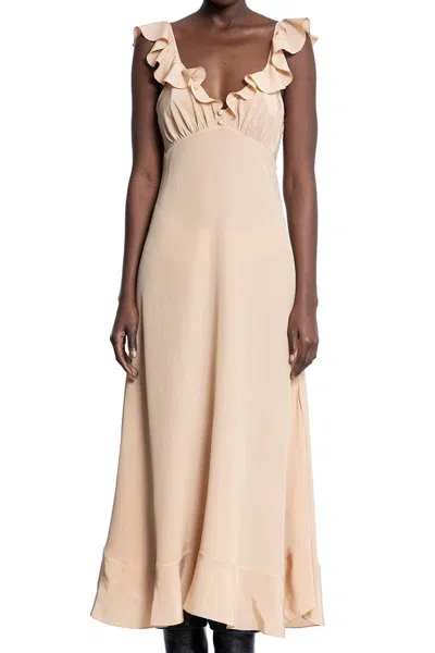 Chloé Long Silk Dress With Flared Skirt And Ruffled Straps In Beige