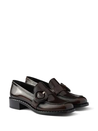 Prada Polished Brown Flat Shoes With Decorative Buckle In Brown