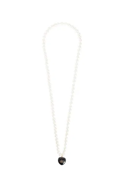 Valentino Enameled Coeur Royal Pearl Necklace In Gold