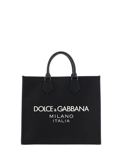 Dolce & Gabbana Large Nylon Shopper With Rubberized Logo In Black