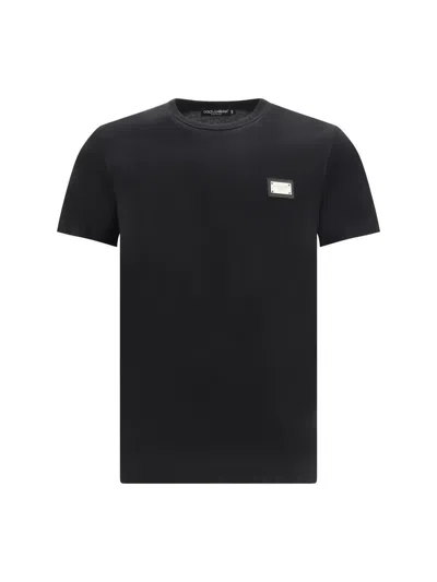 Dolce & Gabbana Cotton T-shirt With Metal Plaque Featuring Front Logo In Black