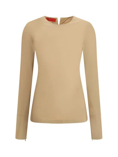 The Latest Long-sleeve Stretch Cotton Top With Flared Hem In Beige