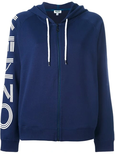 Kenzo Printed Cotton Zipped Hoodie In Blue