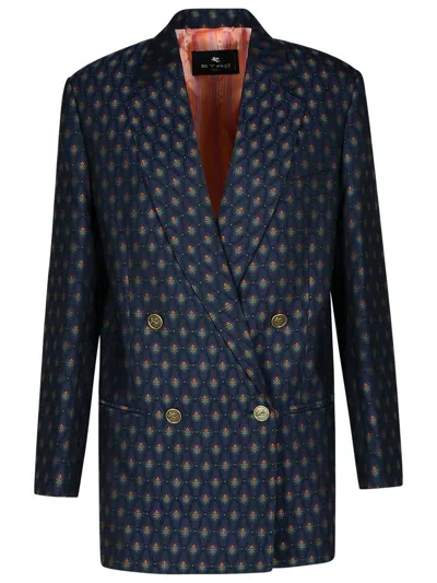 Etro Double-breasted Wool And Cotton-blend Jacquard Blazer In Blue