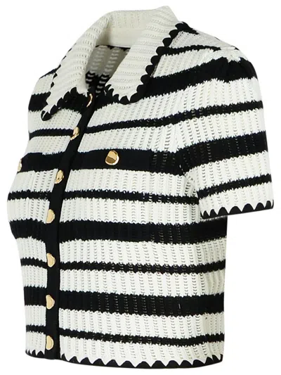Self-portrait Cream And Black Striped Crochet Top Cream Black In Beige