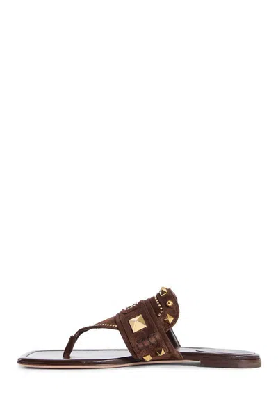 Valentino Garavani Plaster Caster Flip Flops With Gold Accents And Open Toe In Brown