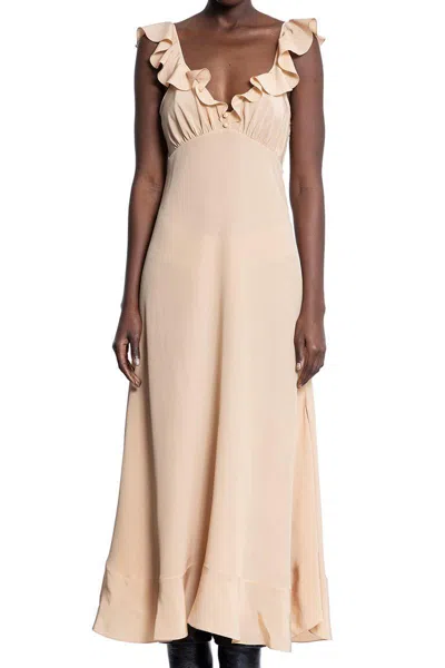 Chloé Long Silk Dress With Flared Skirt And Ruffled Straps In Beige