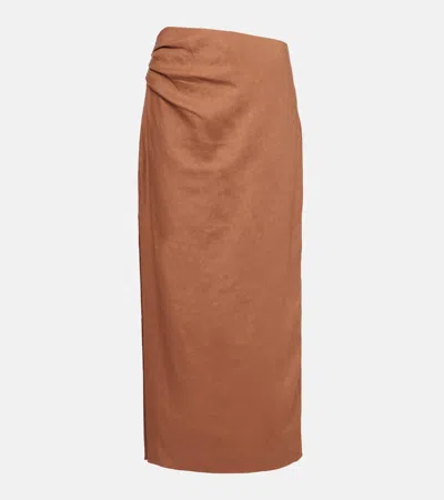 Sir Asymmetric Ruched Linen Midi Skirt In Brown