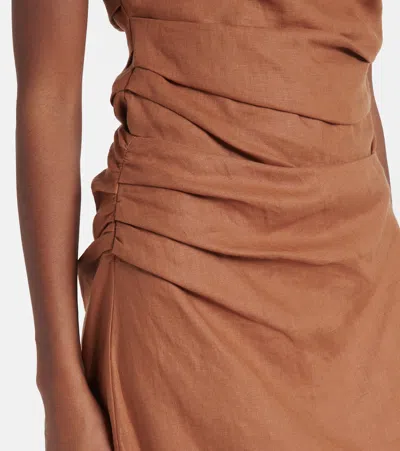 Sir Asymmetric Ruched Linen Midi Skirt In Brown