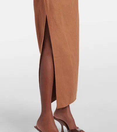 Sir Asymmetric Ruched Linen Midi Skirt In Brown