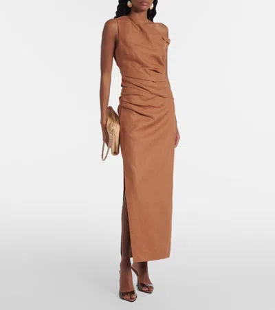 Sir Asymmetric Ruched Linen Midi Skirt In Brown