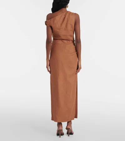 Sir Asymmetric Ruched Linen Midi Skirt In Brown