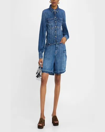 Ganni Blue Shorts With Belt Loops And One Front Patch Pocket In Mid Blue Vintage