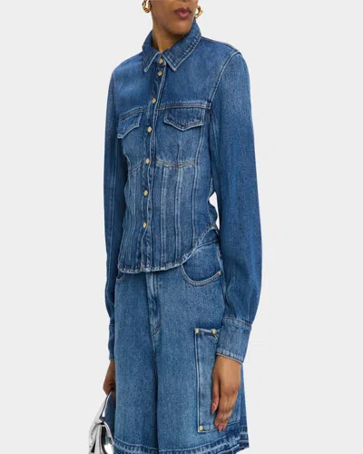 Ganni Long-sleeve Denim Corset Shirt In Mid Blue Vintage