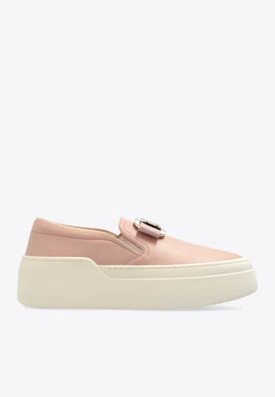 Ferragamo Gold Buckle Soft Leather Slip-on Sneaker In Pink