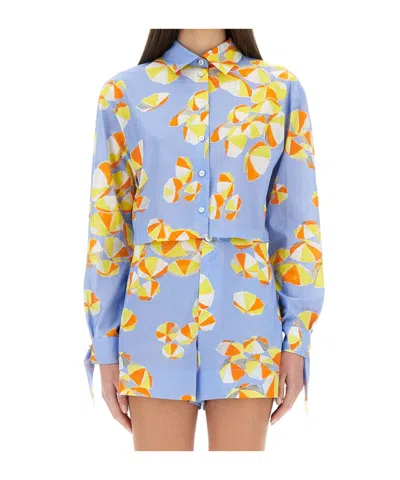 Moschino Jeans Cropped Shirt Beach Umbrellas In Baby Blue