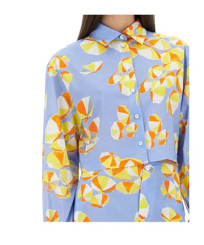 Moschino Jeans Cropped Shirt Beach Umbrellas In Baby Blue