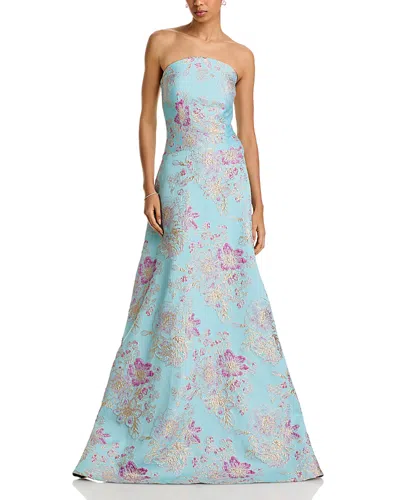 Teri Jon By Rickie Freeman Sleeveless Metallic Multi Jacquard Gown In Light Blue Multi