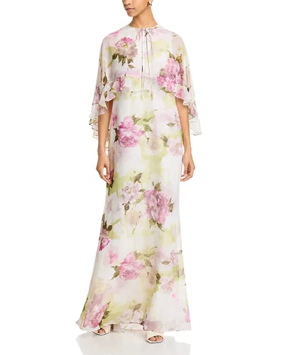 Teri Jon By Rickie Freeman Chiffon Floral Ruffled Capelet Gown In White Multi