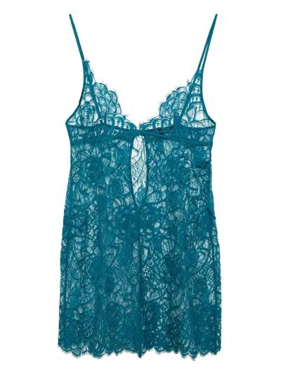 Kiki De Montparnasse Coquette Stretch Silk-trimmed Cotton-blend Lace Chemise In Blue