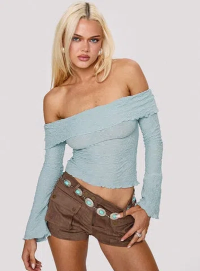 Princess Polly Back With Love Textured Off The Shoulder Long Sleeve Top In Blue