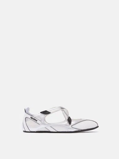 Attico Cross Strap Mesh Ballet Flats Round Toe In Silver