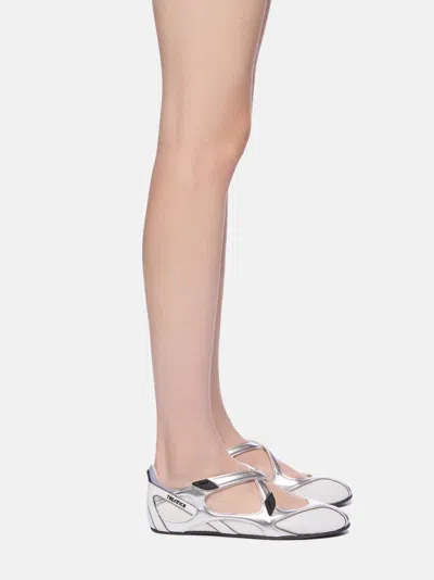 Attico Cross Strap Mesh Ballet Flats Round Toe In Silver
