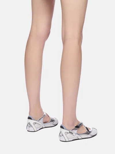 Attico Cross Strap Mesh Ballet Flats Round Toe In Silver