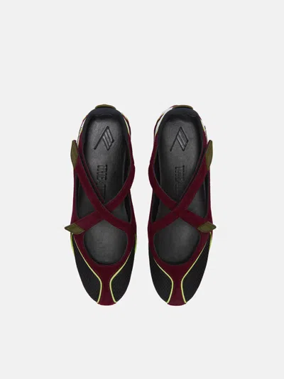 Attico Nomad Bordeaux Ballet Shoes With Criss-crossed Straps And Mesh Panels In Tech Fabric And Suede Woman In Burgundy