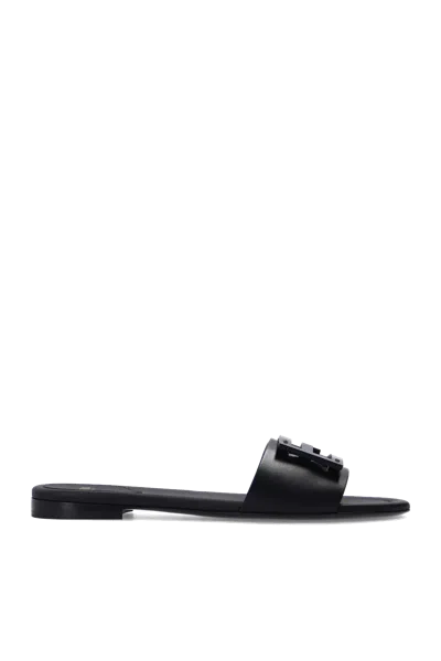 Fendi Open Toe Leather Signature Slippers In Black