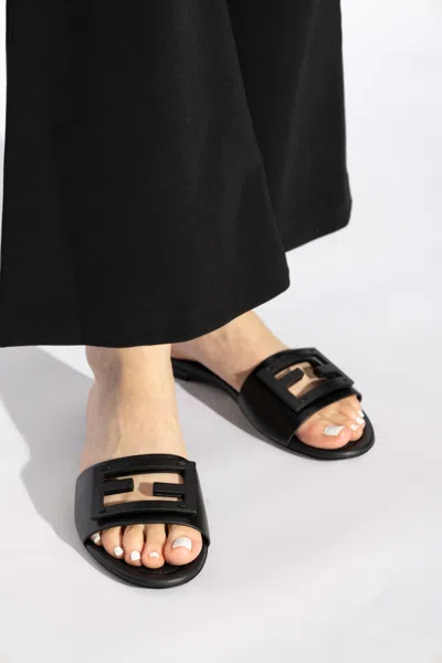 Fendi Open Toe Leather Signature Slippers In Black