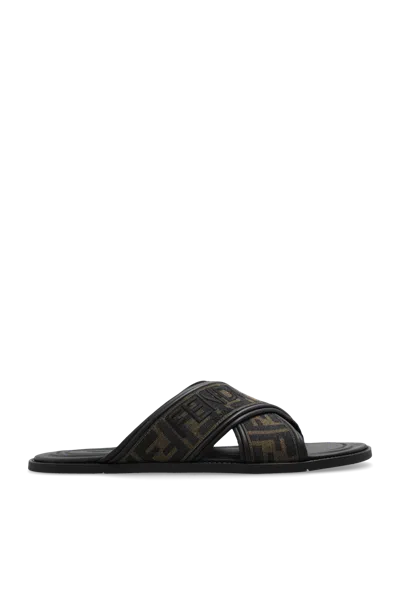 Fendi Double Crossed Band Logo Slides With Jacquard Ff Design In Black