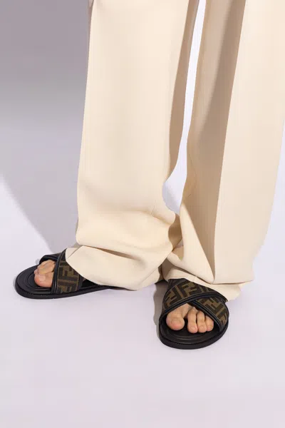 Fendi Double Crossed Band Logo Slides With Jacquard Ff Design In Black